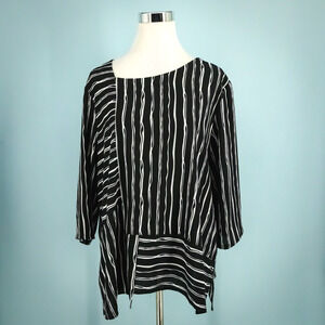 Niche Nilgun Derman Size Large L Black Stripe Asymmetrical 3/4 Sleeve Artsy Top
